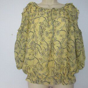 Max Studio Wmn S Yello Floral Cold Shoulder Bubble Hem 3/4 Sleeve Peasant Blouse